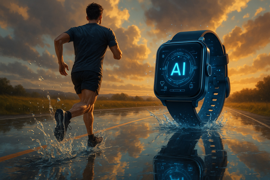 an image in which a man running on the road filled by transparent water and an AI watch is also running front him